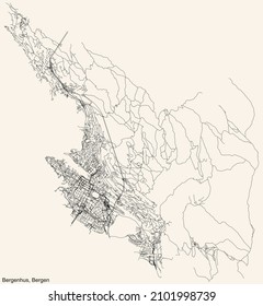 Mapa detallado de las líneas negras de navegación en las calles urbanas del barrio BERGENHUS BOROUGH de la capital regional noruega de Bergen, Noruega sobre el fondo beige vintage