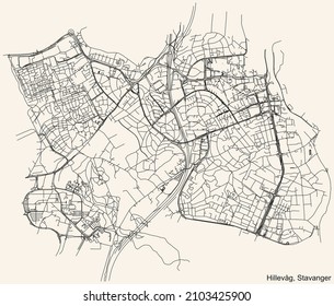 Detailed navigation black lines urban street roads map  of the quarter HILLEVÅG BOROUGH of the Norwegian regional capital city of Stavanger, Norway on vintage beige background