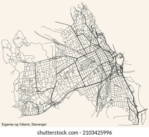 Detailed navigation black lines urban street roads map  of the quarter EIGANES OG VÅLAND BOROUGH of the Norwegian regional capital city of Stavanger, Norway on vintage beige background