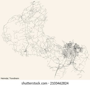 Detailed navigation black lines urban street roads map  of the quarter HEIMDAL BOROUGH of the Norwegian regional capital city of Trondheim, Norway on vintage beige background