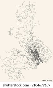 Detailed navigation black lines urban street roads map of the Norwegian regional capital city of SKIEN, NORWAY on vintage beige background