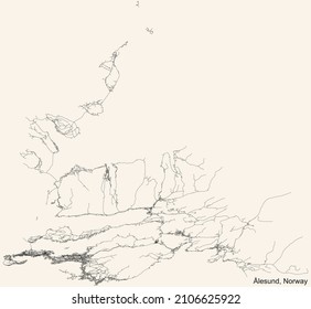 Detailed navigation black lines urban street roads map of the Norwegian regional capital city of ÅLESUND, NORWAY on vintage beige background