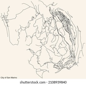 Detailed navigation black lines urban street roads map  of the CITY OF SAN MARINO MUNICIPALITY of the Republic of San Marino on vintage beige background