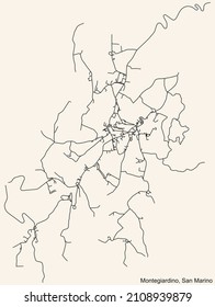 Detailed navigation black lines urban street roads map  of the MONTEGIARDINO MUNICIPALITY of the Republic of San Marino on vintage beige background