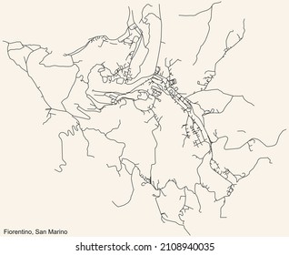Detailed navigation black lines urban street roads map  of the FIORENTINO MUNICIPALITY of the Republic of San Marino on vintage beige background