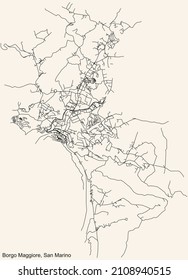 Detailed navigation black lines urban street roads map  of the BORGO MAGGIORE MUNICIPALITY of the Republic of San Marino on vintage beige background