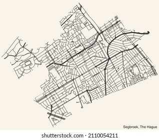 Mapa detallado de las líneas negras de navegación en las calles urbanas del DISTRITO SEGBROEK de la capital regional holandesa La Haya, Países Bajos sobre fondo beige vintage