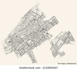 Mapa detallado de las líneas negras de navegación en las calles urbanas de la capital regional holandesa de LA HAYA, PAÍSES BAJOS sobre fondo beige vintage