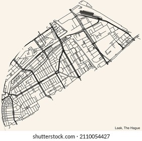 Mapa detallado de las líneas negras de navegación en las calles urbanas del DISTRITO LAAK de la capital regional holandesa La Haya, Países Bajos sobre fondo beige vintage