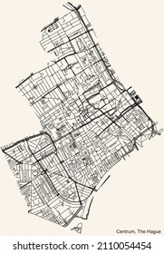 Detailed navigation black lines urban street roads map  of the CENTRUM DISTRICT of the Dutch regional capital city The Hague, Netherlands on vintage beige background