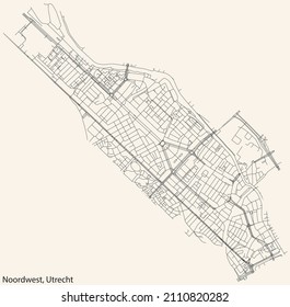 Detailed navigation black lines urban street roads map  of the NOORDWEST QUARTER of the Dutch regional capital city Utrecht, Netherlands on vintage beige background