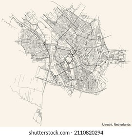 Detailed navigation black lines urban street roads map of the Dutch regional capital city of UTRECHT, NETHERLANDS on vintage beige background