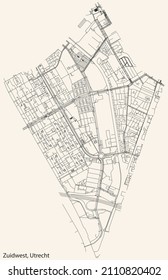 Detailed navigation black lines urban street roads map  of the ZUIDWEST QUARTER of the Dutch regional capital city Utrecht, Netherlands on vintage beige background