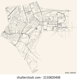 Detailed navigation black lines urban street roads map  of the OOST QUARTER of the Dutch regional capital city Utrecht, Netherlands on vintage beige background