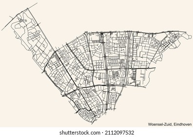 Detailed navigation black lines urban street roads map  of the WOENSEL-ZUID DISTRICT of the Dutch regional capital city Eindhoven, Netherlands on vintage beige background