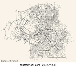Detailed navigation black lines urban street roads map of the Dutch regional capital city of EINDHOVEN, NETHERLANDS on vintage beige background