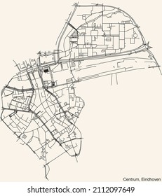 Detailed navigation black lines urban street roads map  of the CENTRUM DISTRICT of the Dutch regional capital city Eindhoven, Netherlands on vintage beige background