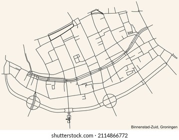 Detailed navigation black lines urban street roads map of the BINNENSTAD-ZUID NEIGHBORHOOD of the Dutch regional capital city Groningen, Netherlands on vintage beige background