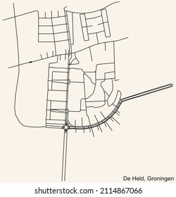 Detailed navigation black lines urban street roads map of the DE HELD NEIGHBORHOOD of the Dutch regional capital city Groningen, Netherlands on vintage beige background