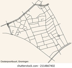 Detailed navigation black lines urban street roads map of the OOSTERPOORTBUURT NEIGHBORHOOD of the Dutch regional capital city Groningen, Netherlands on vintage beige background