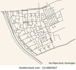 Detailed navigation black lines urban street roads map of the DE WIJERT-ZUID NEIGHBORHOOD of the Dutch regional capital city Groningen, Netherlands on vintage beige background