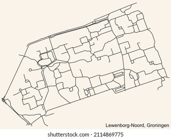 Detailed navigation black lines urban street roads map of the LEWENBORG-NOORD NEIGHBORHOOD of the Dutch regional capital city Groningen, Netherlands on vintage beige background