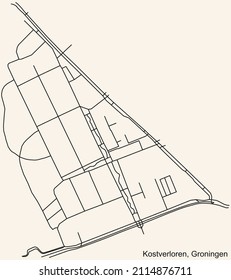 Detailed navigation black lines urban street roads map of the KOSTVERLOREN NEIGHBORHOOD of the Dutch regional capital city Groningen, Netherlands on vintage beige background