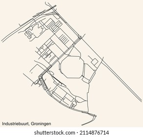 Detailed navigation black lines urban street roads map of the INDUSTRIEBUURT NEIGHBORHOOD of the Dutch regional capital city Groningen, Netherlands on vintage beige background