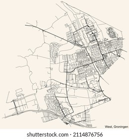 Detailed navigation black lines urban street roads map of the WEST DISTRICT of the Dutch regional capital city Groningen, Netherlands on vintage beige background