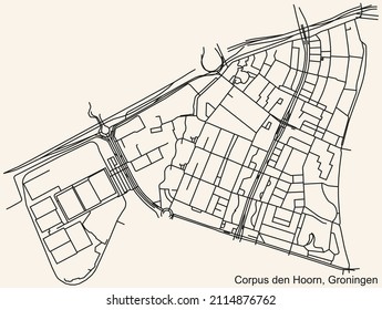 Detailed navigation black lines urban street roads map of the CORPUS DEN HOORN NEIGHBORHOOD of the Dutch regional capital city Groningen, Netherlands on vintage beige background