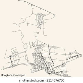 Detailed navigation black lines urban street roads map of the HOOGKERK NEIGHBORHOOD of the Dutch regional capital city Groningen, Netherlands on vintage beige background