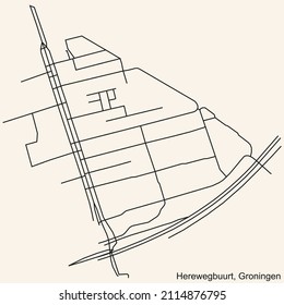 Detailed navigation black lines urban street roads map of the HEREWEGBUURT NEIGHBORHOOD of the Dutch regional capital city Groningen, Netherlands on vintage beige background