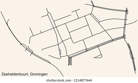 Detailed navigation black lines urban street roads map of the ZEEHELDENBUURT NEIGHBORHOOD of the Dutch regional capital city Groningen, Netherlands on vintage beige background