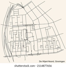 Detailed navigation black lines urban street roads map of the DE WIJERT-NOORD NEIGHBORHOOD of the Dutch regional capital city Groningen, Netherlands on vintage beige background