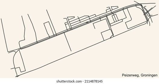 Detailed navigation black lines urban street roads map of the PEIZERWEG NEIGHBORHOOD of the Dutch regional capital city Groningen, Netherlands on vintage beige background