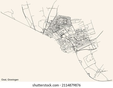 Detailed navigation black lines urban street roads map of the OOST DISTRICT of the Dutch regional capital city Groningen, Netherlands on vintage beige background