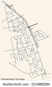 Detailed navigation black lines urban street roads map of the COENDERSBORG NEIGHBORHOOD of the Dutch regional capital city Groningen, Netherlands on vintage beige background