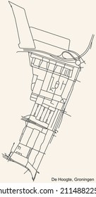 Detailed navigation black lines urban street roads map of the DE HOOGTE NEIGHBORHOOD of the Dutch regional capital city Groningen, Netherlands on vintage beige background