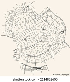 Detailed navigation black lines urban street roads map of the CENTRUM DISTRICT of the Dutch regional capital city Groningen, Netherlands on vintage beige background