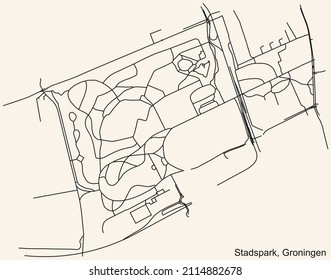 Detailed navigation black lines urban street roads map of the STADSPARK NEIGHBORHOOD of the Dutch regional capital city Groningen, Netherlands on vintage beige background