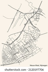Detailed navigation black lines urban street roads map of the NIJMEGEN-NIEUW-WEST DISTRICT of the Dutch regional capital city Nijmegen, Netherlands on vintage beige background