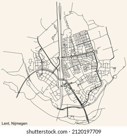 Detailed navigation black lines urban street roads map of the LENT NEIGHBORHOOD of the Dutch regional capital city Nijmegen, Netherlands on vintage beige background