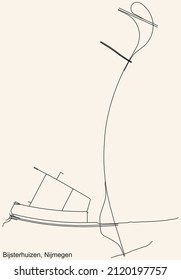 Detailed navigation black lines urban street roads map of the BIJSTERHUIZEN of the Dutch regional capital city Nijmegen, Netherlands on vintage beige background