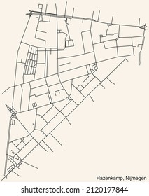 Detailed navigation black lines urban street roads map of the GOFFERT NEIGHBORHOOD of the Dutch regional capital city Nijmegen, Netherlands on vintage beige background