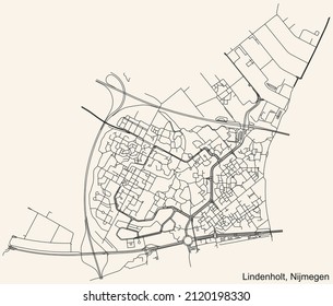 Detailed navigation black lines urban street roads map of the LINDENHOLT DISTRICT of the Dutch regional capital city Nijmegen, Netherlands on vintage beige background