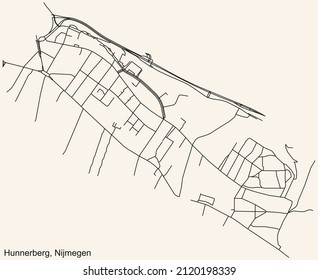 Detailed navigation black lines urban street roads map of the HUNNERBERG NEIGHBORHOOD of the Dutch regional capital city Nijmegen, Netherlands on vintage beige background