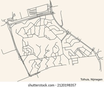 Detailed navigation black lines urban street roads map of the TOLHUIS NEIGHBORHOOD of the Dutch regional capital city Nijmegen, Netherlands on vintage beige background