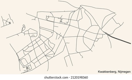 Detailed navigation black lines urban street roads map of the KWAKKENBERG NEIGHBORHOOD of the Dutch regional capital city Nijmegen, Netherlands on vintage beige background