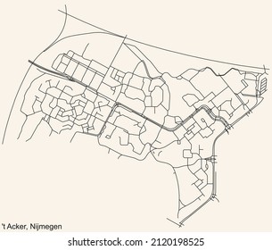 Detailed navigation black lines urban street roads map of the 'T ACKER NEIGHBORHOOD of the Dutch regional capital city Nijmegen, Netherlands on vintage beige background