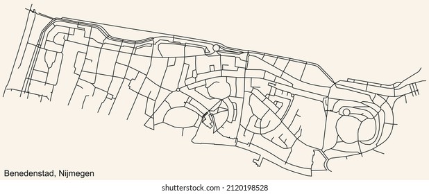Detailed navigation black lines urban street roads map of the BENEDENSTAD NEIGHBORHOOD of the Dutch regional capital city Nijmegen, Netherlands on vintage beige background